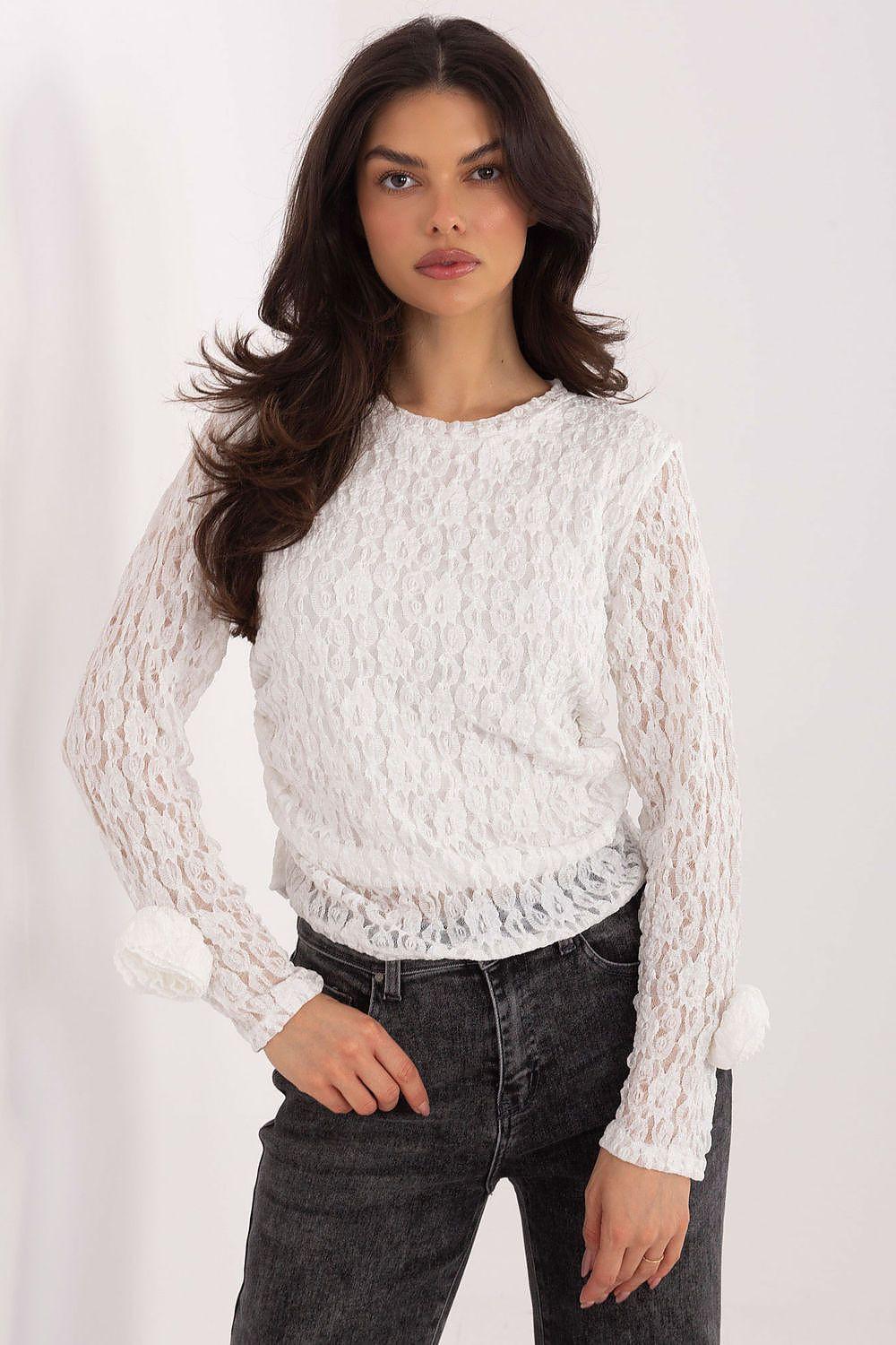 White lace blouse with long sleeves and scalloped neckline