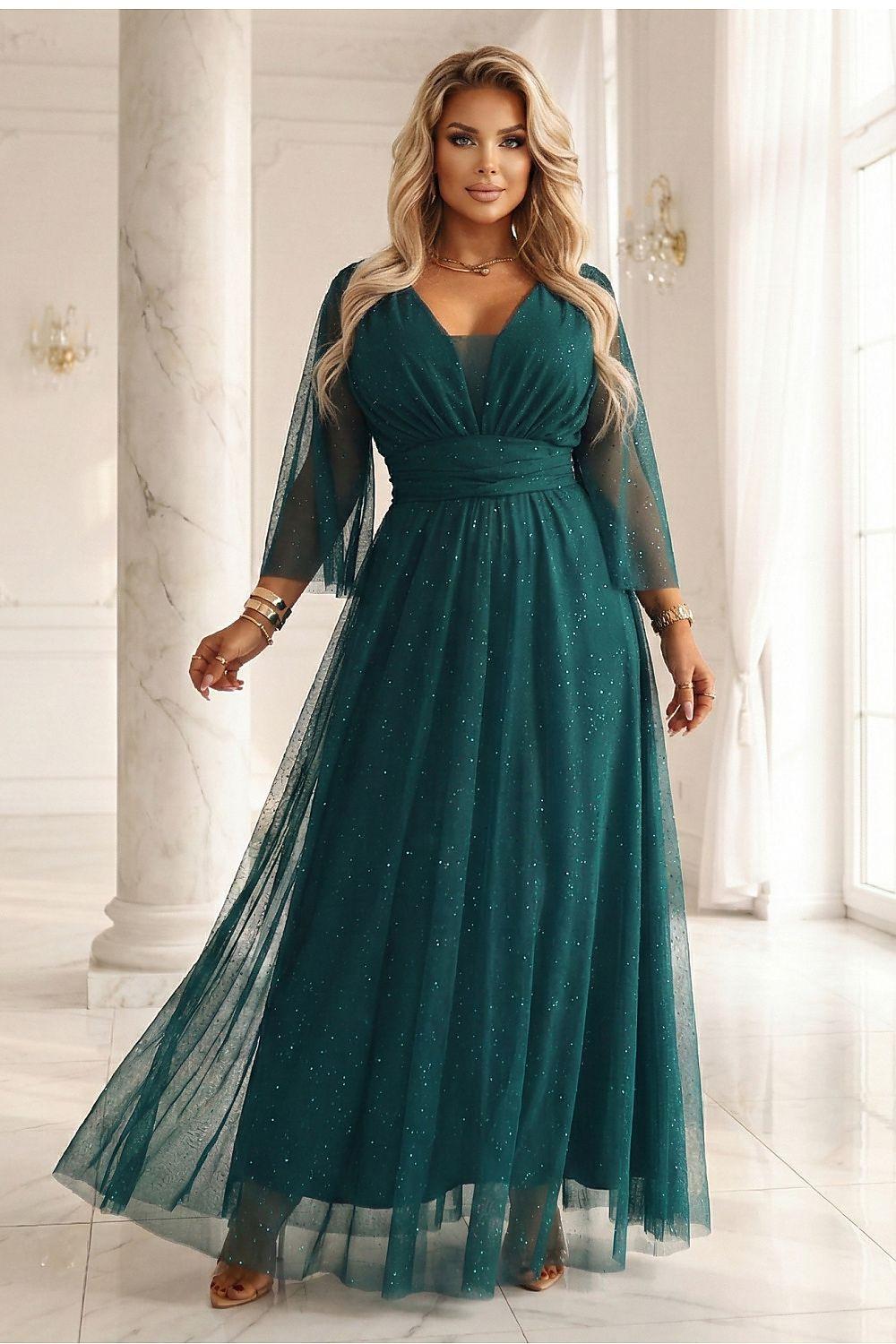 Sparkling tulle maxi dress, deep green V-neck, long sheer sleeves
