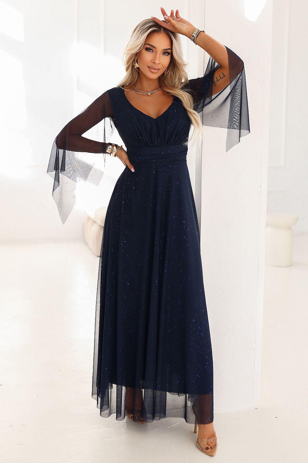 Navy blue maxi dress with V-neck, fitted bodice, sheer long sleeves, flared skirt