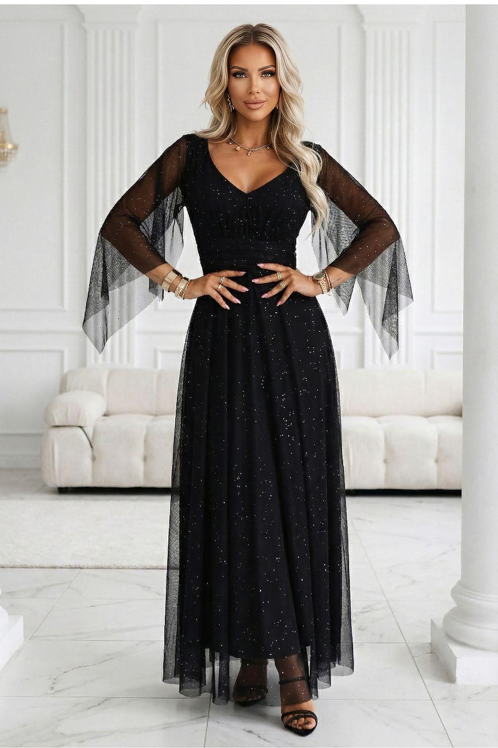 Black maxi dress with V-neck, sheer batwing sleeves and sparkling textured bodice