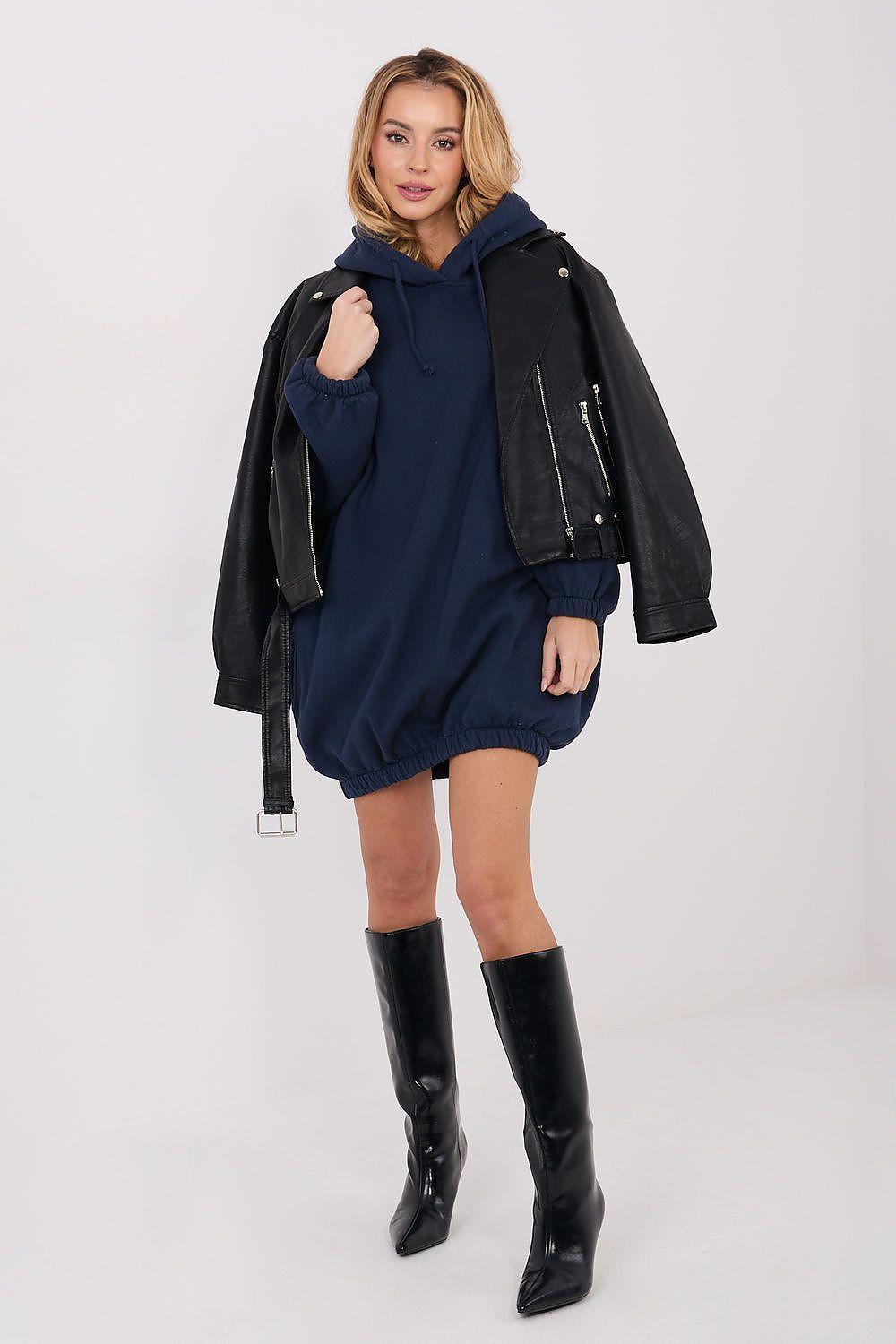 Navy cotton hoodie daydress with hood and front pocket, long sleeves