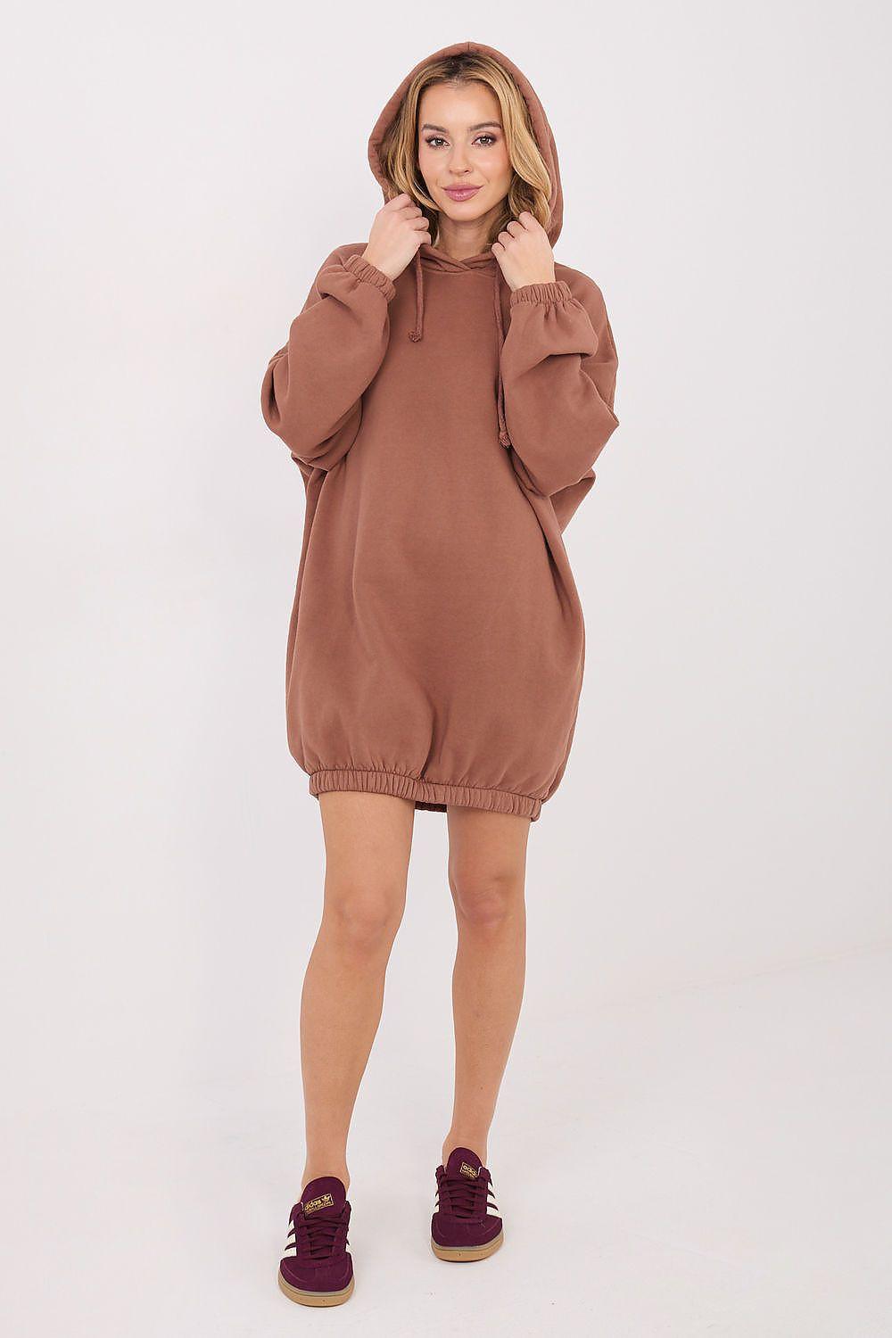Brown oversized hooded sweatshirt daydress, long sleeves, front pocket