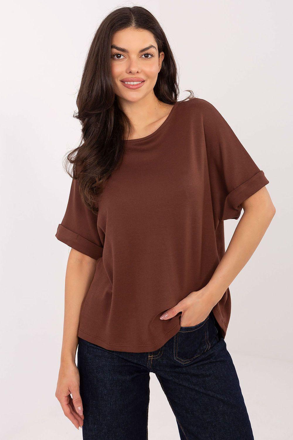 Brown short-sleeve blouse with crew neckline and relaxed drape fit