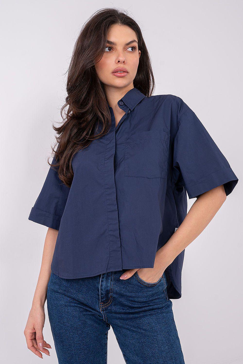 Women’s navy short-sleeve cotton shirt with button-front, collar, and chest pocket