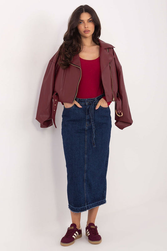 Navy blue denim midi skirt with a straight silhouette and front button placket