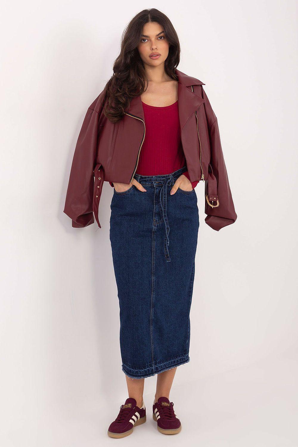 Blue denim midi skirt with front seam and drawstring waist, straight pencil fit