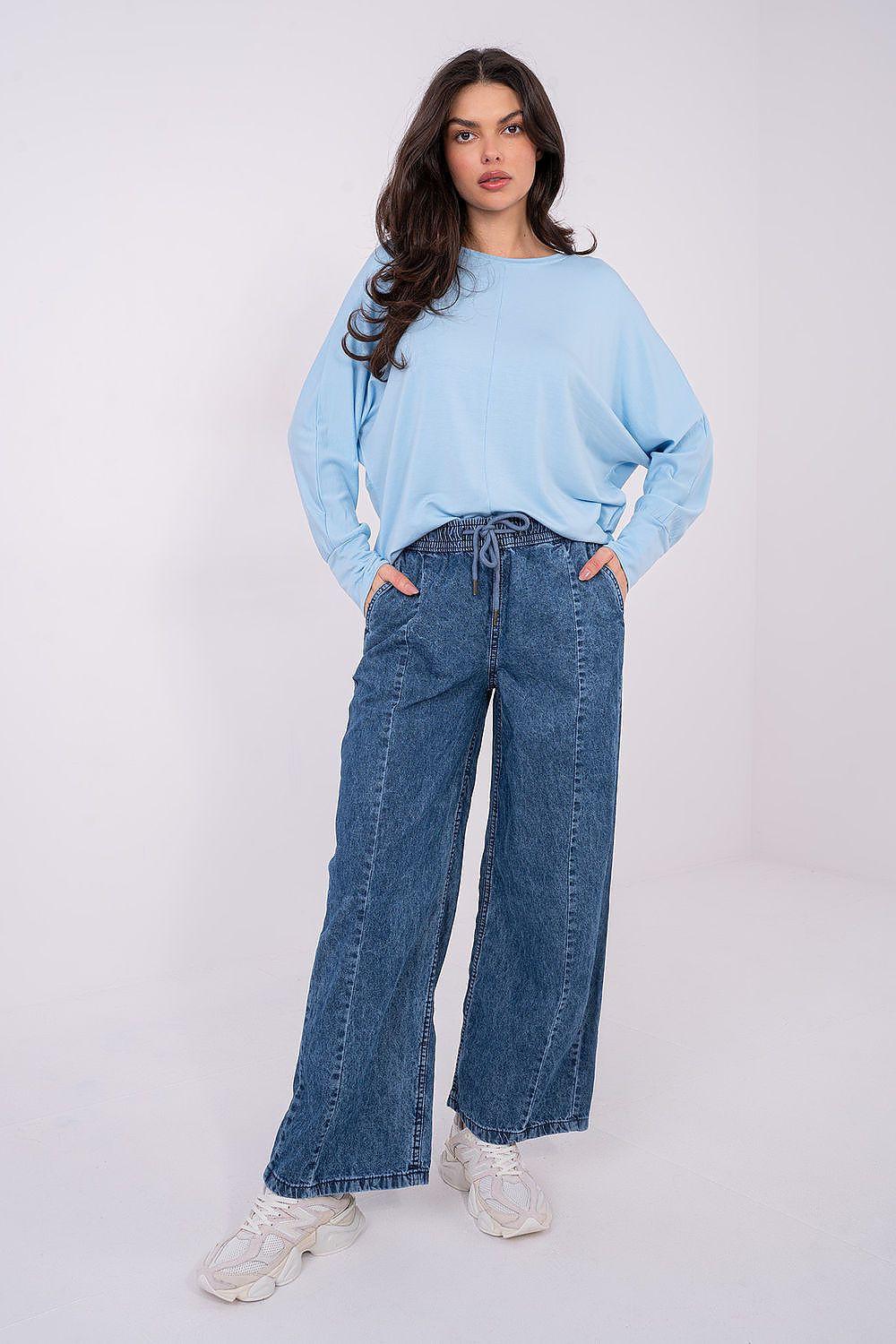High-waist wide-leg blue denim jeans with front pockets and belt loops