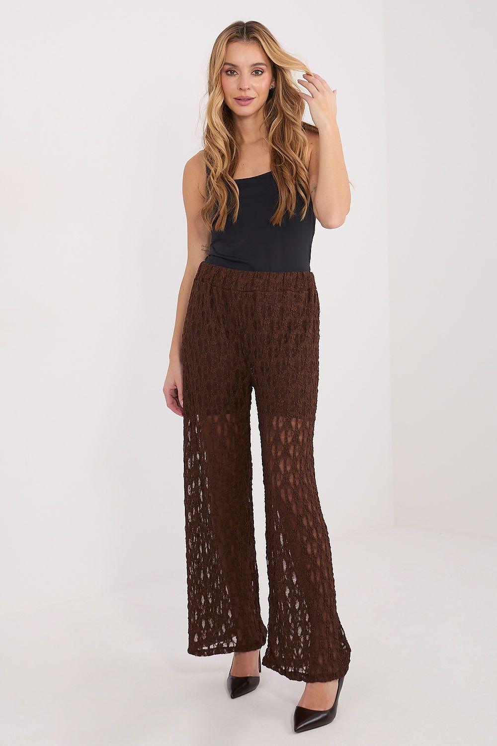 Brown lace wide-leg trousers with semi-sheer textured fabric