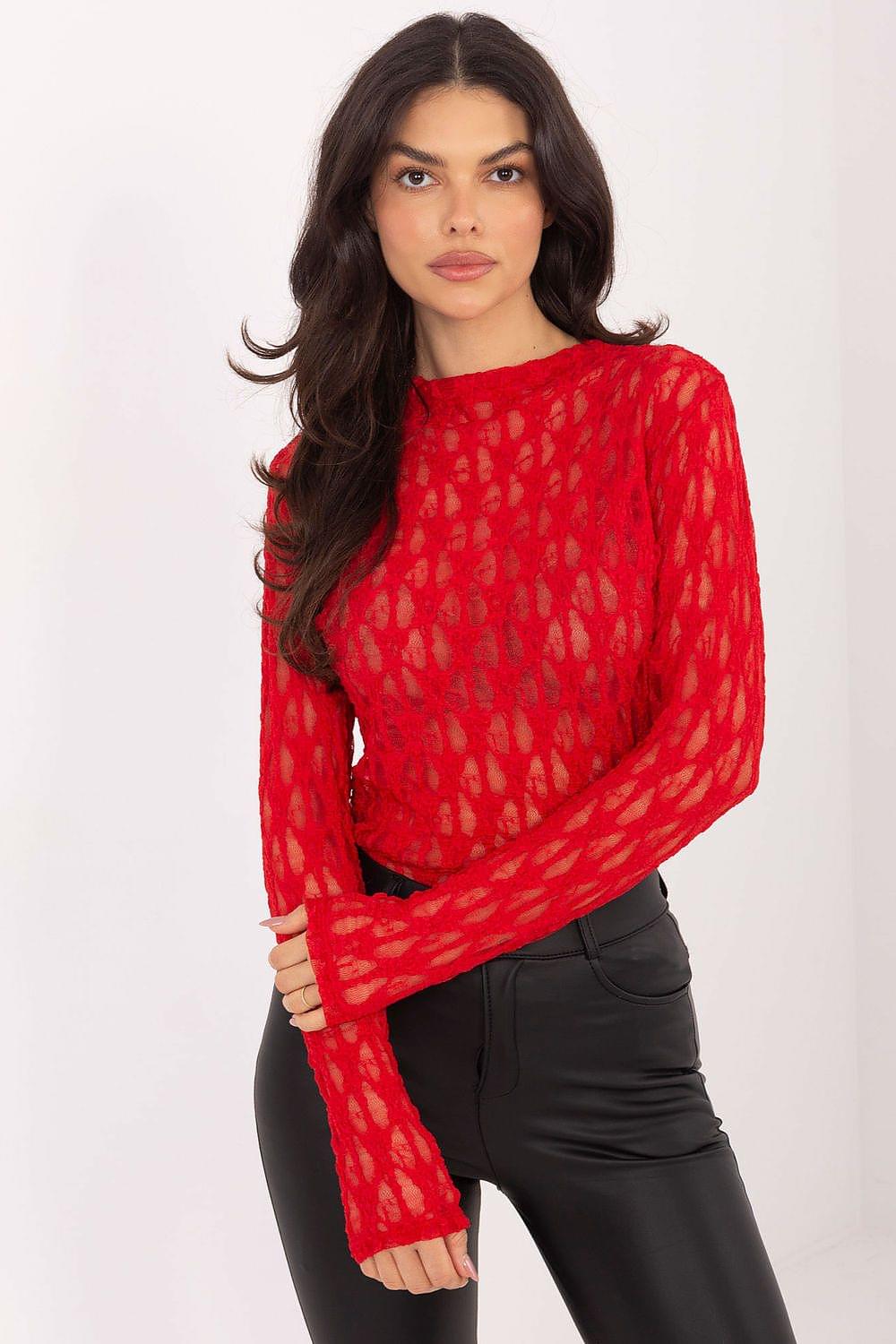 Red patterned long-sleeve blouse with crew neckline and sheer-texture finish