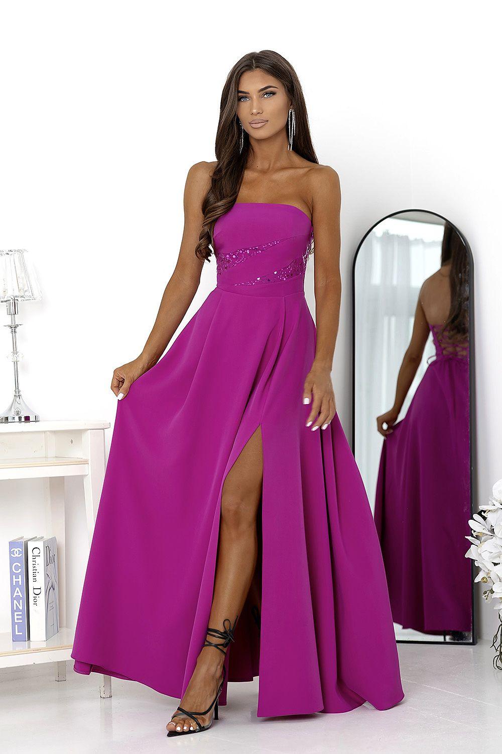 Violet strapless maxi dress with sequin waist and side slit