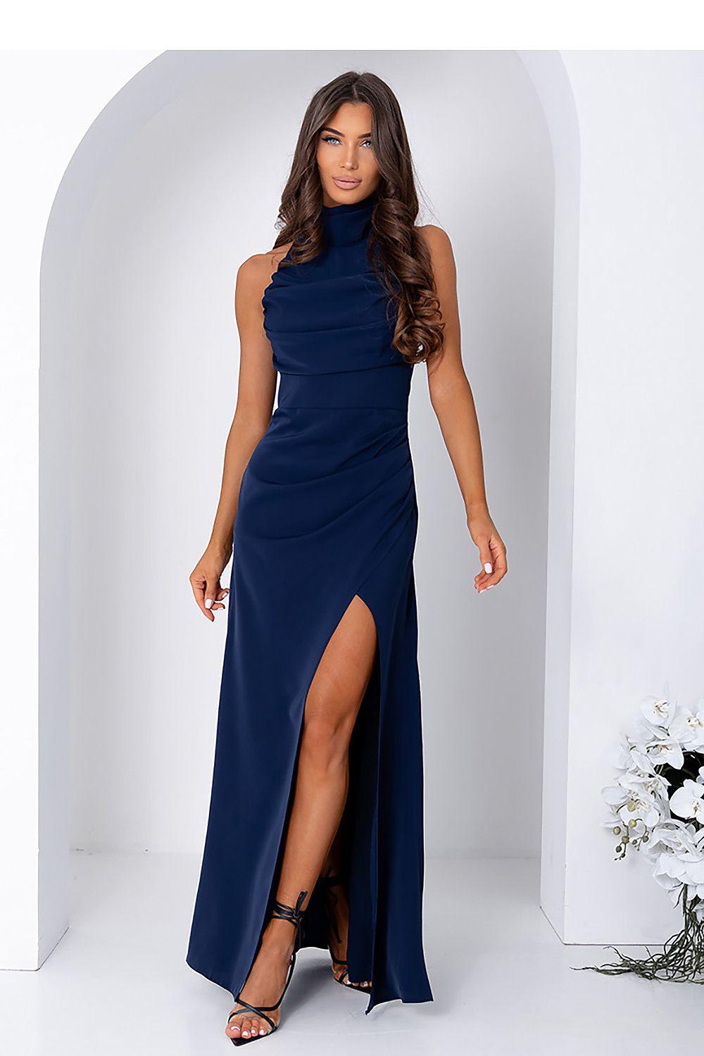 Navy blue long dress, sleeveless high neck, fitted bodice with side slit