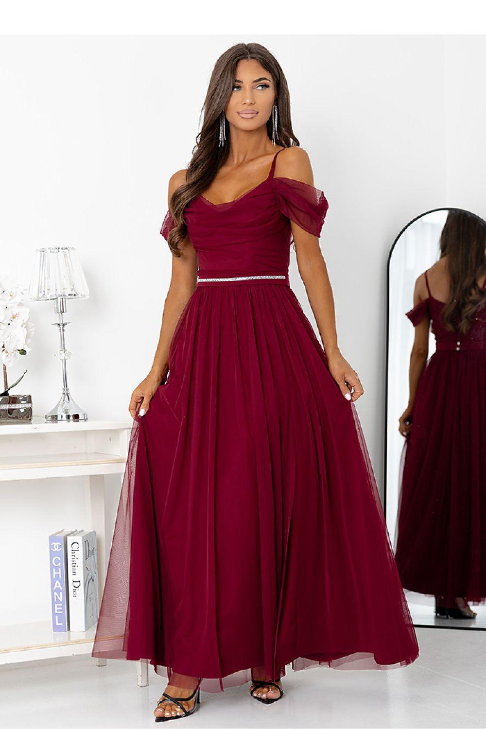 Burgundy off-shoulder maxi dress with fitted bodice, smocked waist, and full skirt