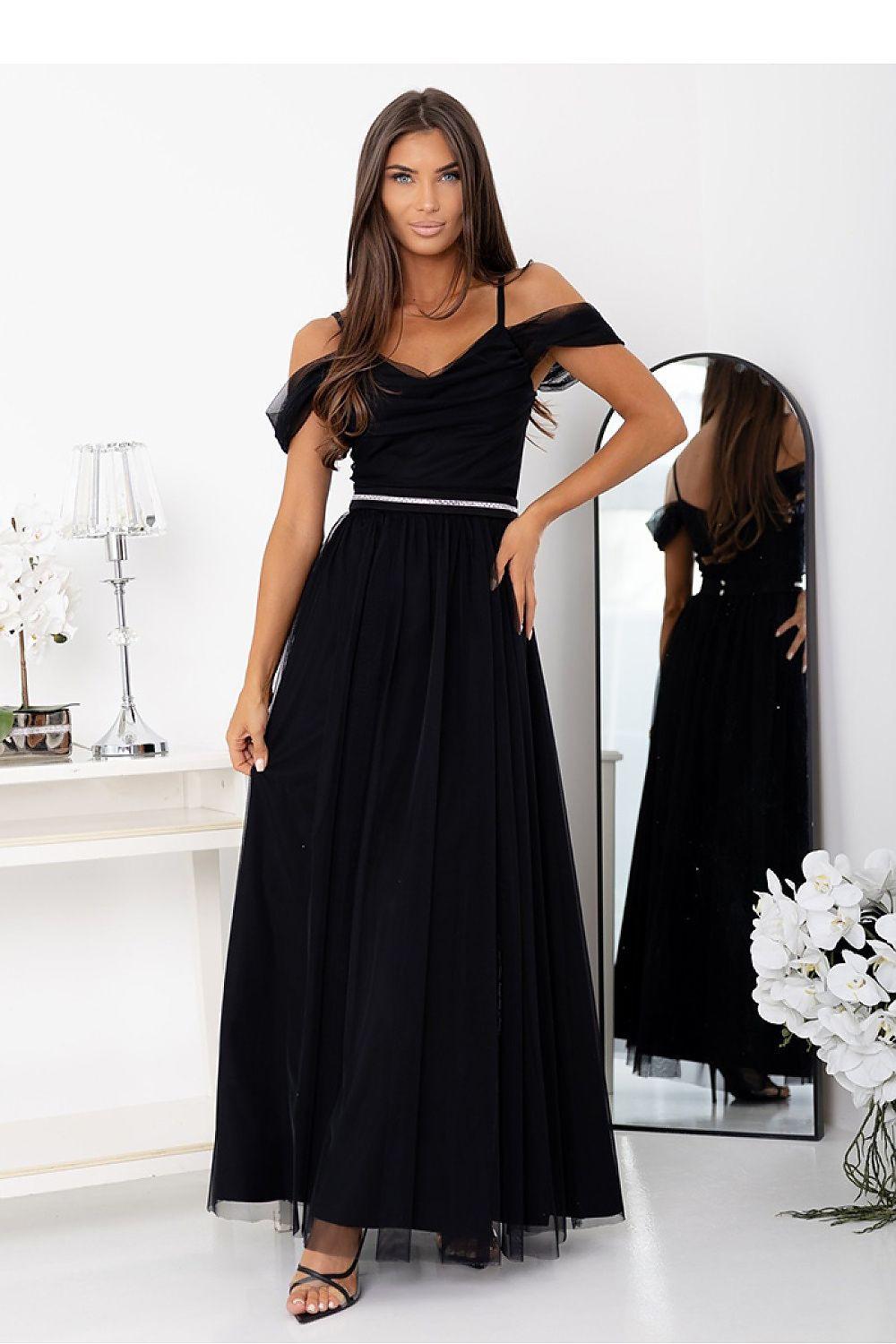Black long off-shoulder dress with smocked waist and flowing skirt