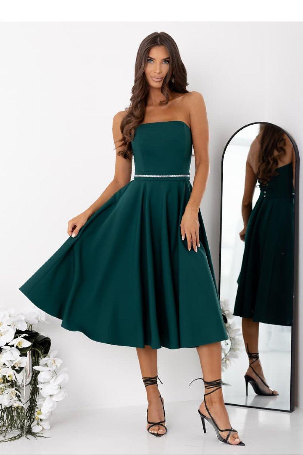 Emerald green strapless evening dress with sequin belt detail, full skirt