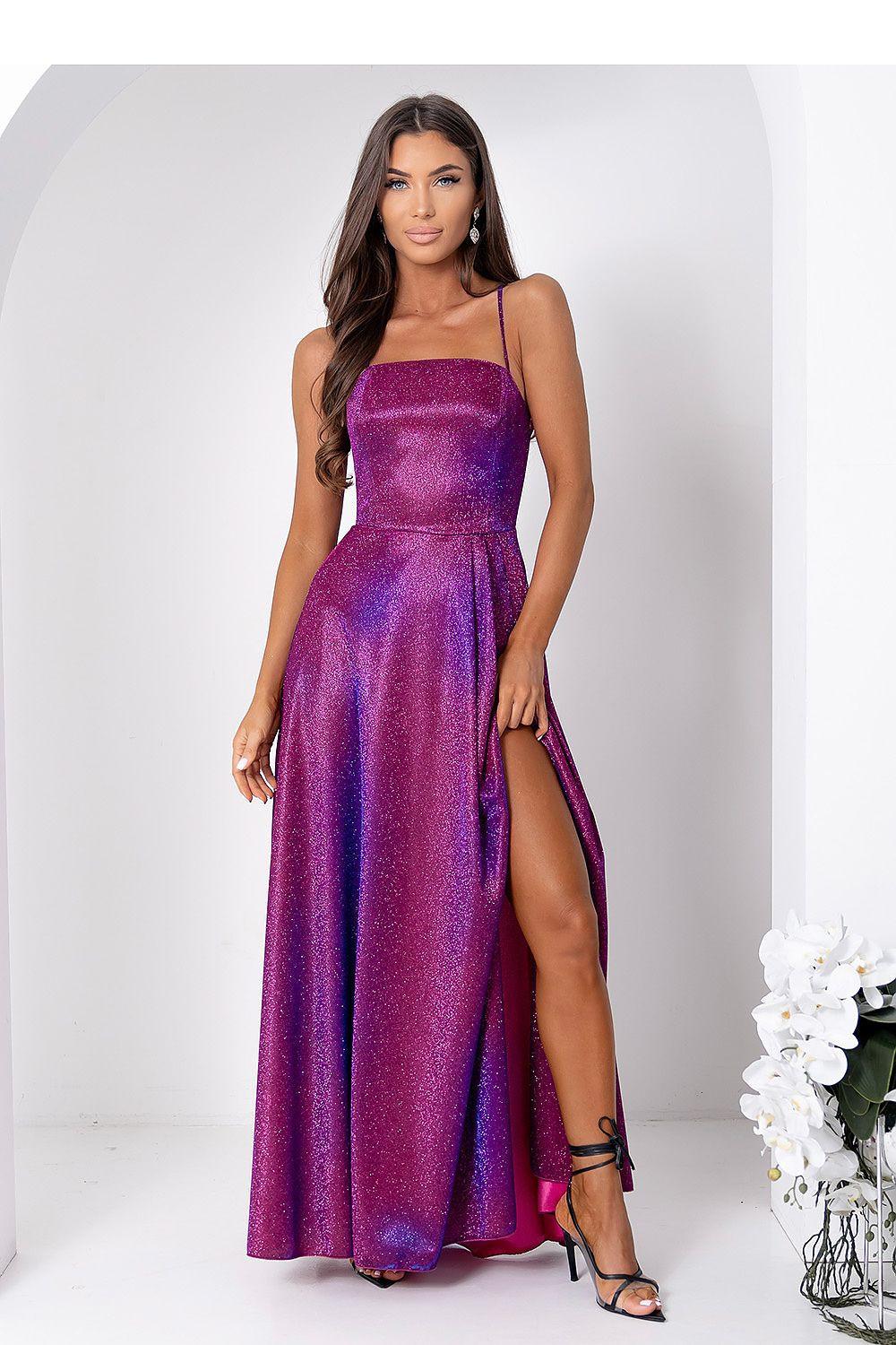 Long multicolor sleeveless dress with fitted bodice and side slit.