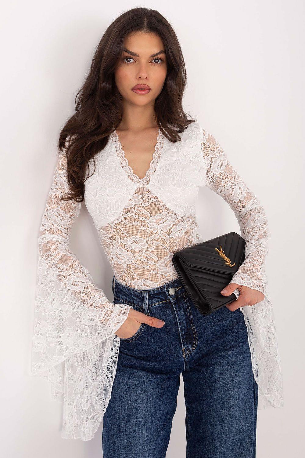 White lace blouse with V-neck, long bell sleeves, and scalloped trim