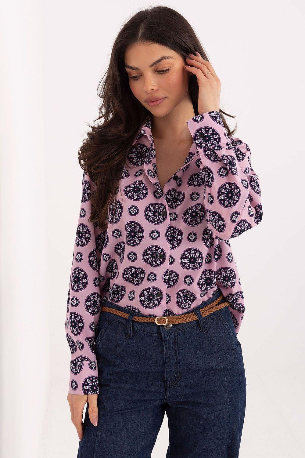 Long sleeve shirt in pink with repeating oval pattern, button-front and collar