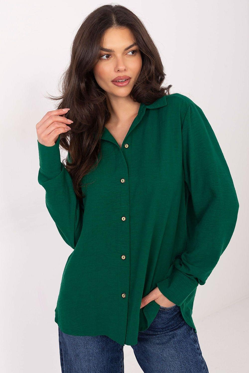 Green long-sleeve button-up shirt with collar and front buttons