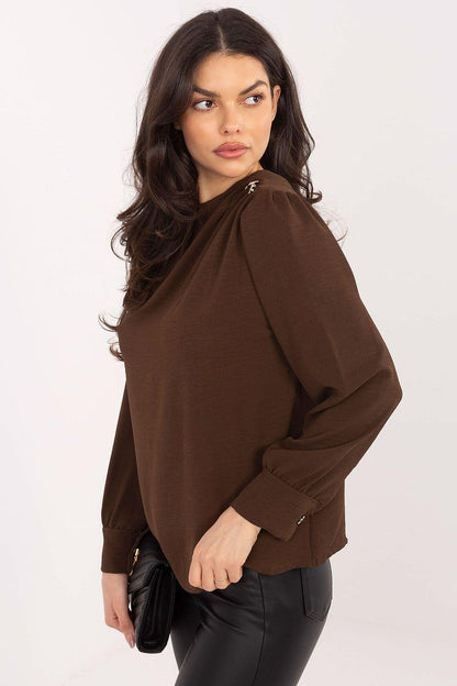 Brown blouse with draped neckline and long puff sleeves, front view
