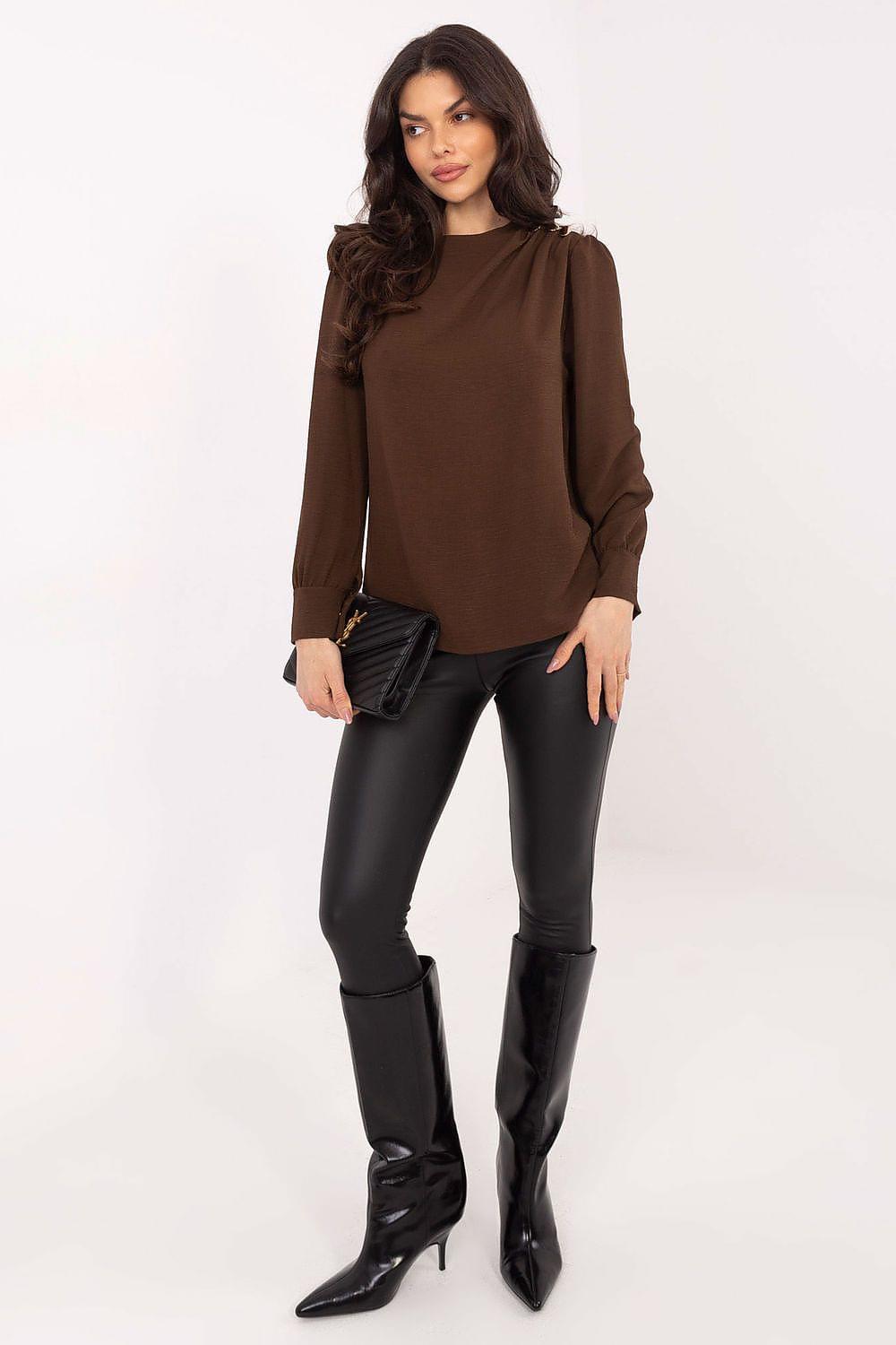 Brown blouse with long puff sleeves and gathered neckline