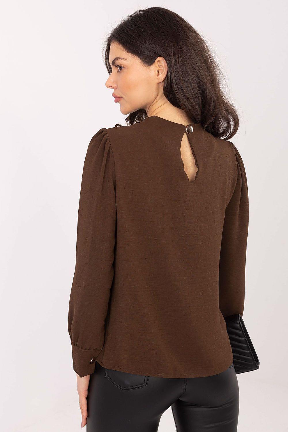 Brown blouse with gathered back yoke and long sleeves, back view