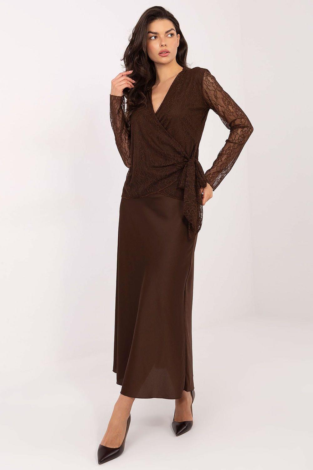 Brown lace wrap blouse with V-neck, long sleeves, and tie waist detail