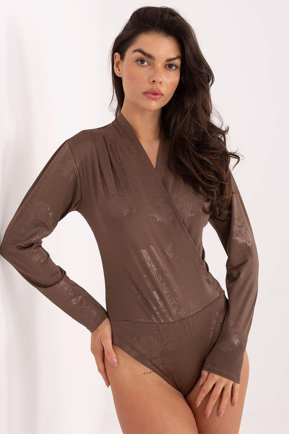 Brown V-neck shapewear bodysuit with long sleeves and briefs bottom