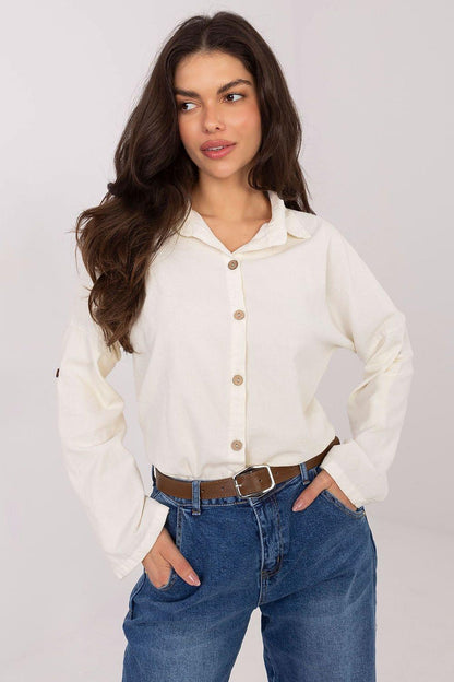 Long-sleeve button-up shirt, white with pointed collar and V-neck placket