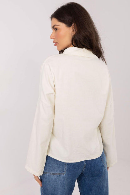 Long-sleeve button-up shirt, white, back view with folded collar