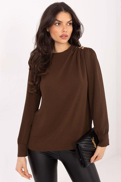 Brown blouse with draped neckline and long cuffed sleeves