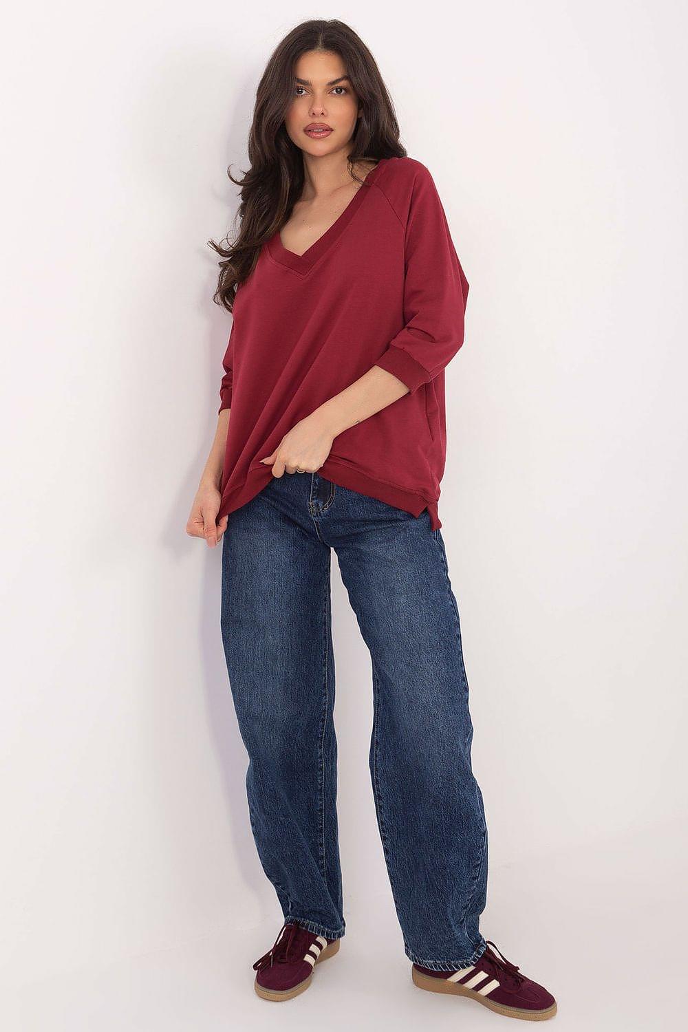Burgundy daydress, V-neck pullover with 3/4 sleeves, relaxed fit