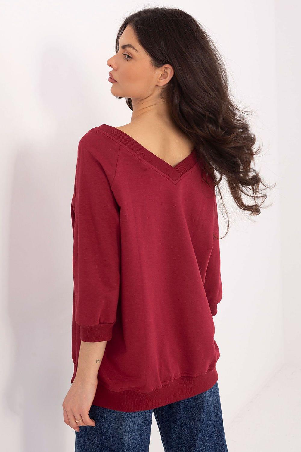 Burgundy daydress, V-neck pullover with 3/4 sleeves, side drape