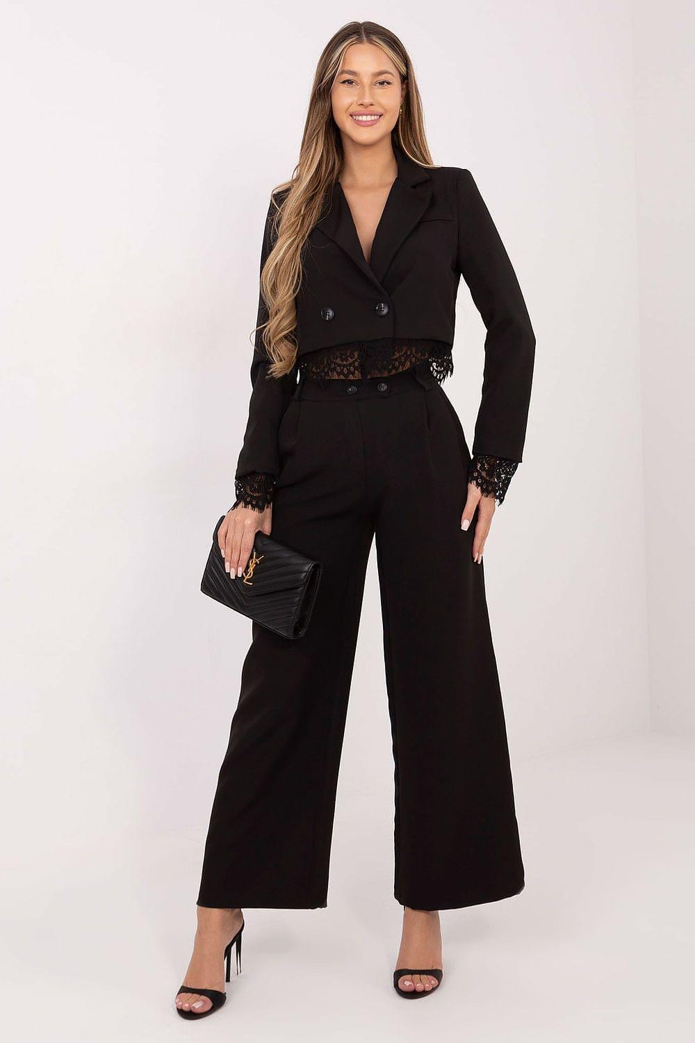 Black high-waisted wide-leg trousers with button front and wide cropped hems