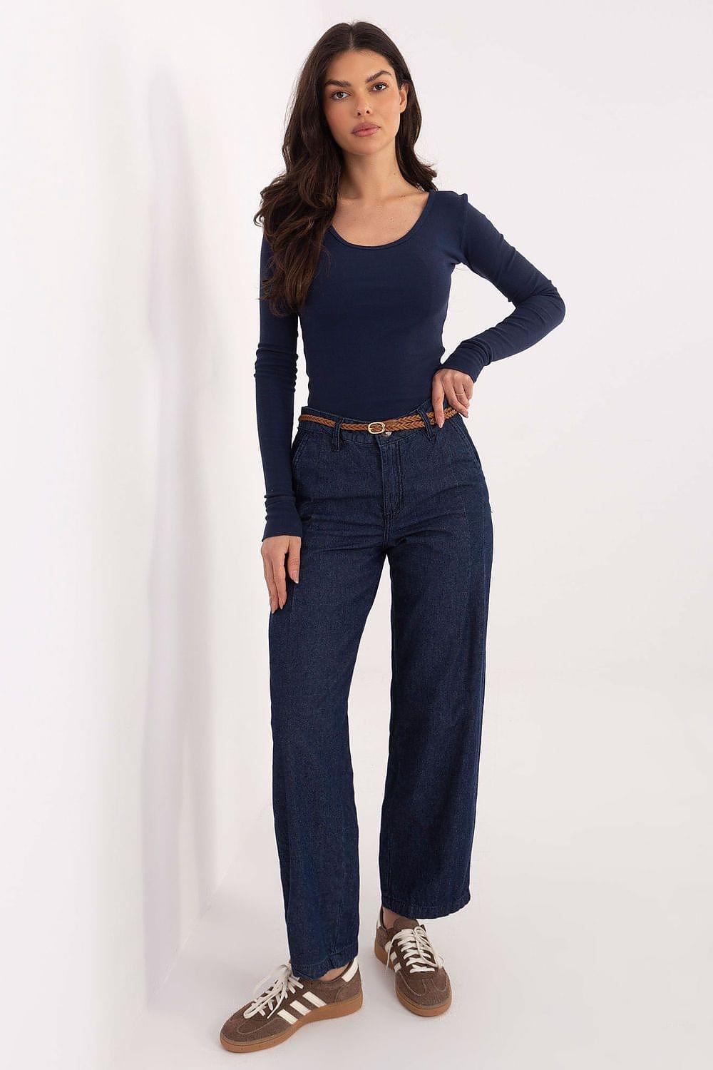 Navy blue denim jeans with straight leg, belt loops and zip fly