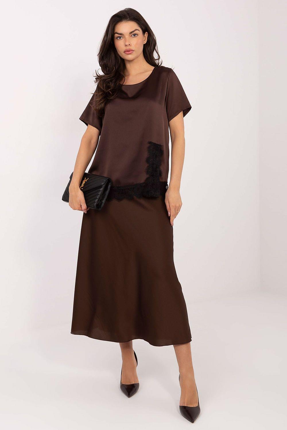 Brown satin blouse, short sleeves, round neckline, with black lace hem detail