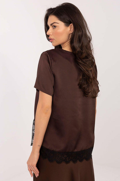 Brown satin blouse with short sleeves and black lace hem edge