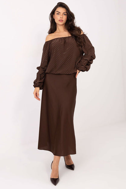 Brown off-shoulder blouse with small dot print and gathered long sleeves