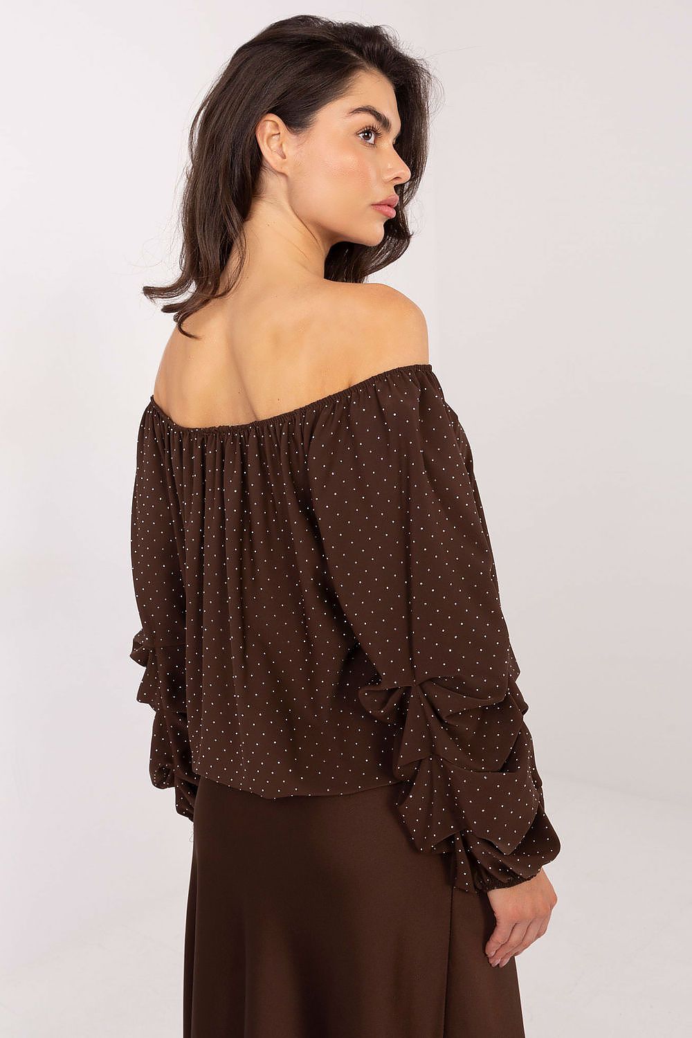 Brown off-shoulder blouse with small dot print and ruffled back shoulders