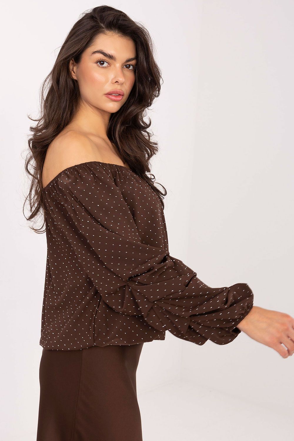 Brown off-shoulder blouse with small dot print and bow-tied ruffled cuffs