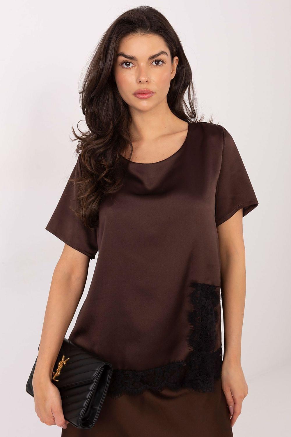 Brown satin blouse with short sleeves and black lace side hem panel