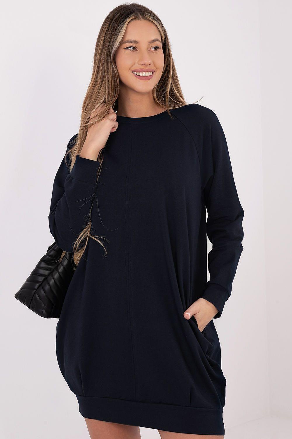Navy blue long-sleeve sweatshirt dress with crew neckline and relaxed shift fit