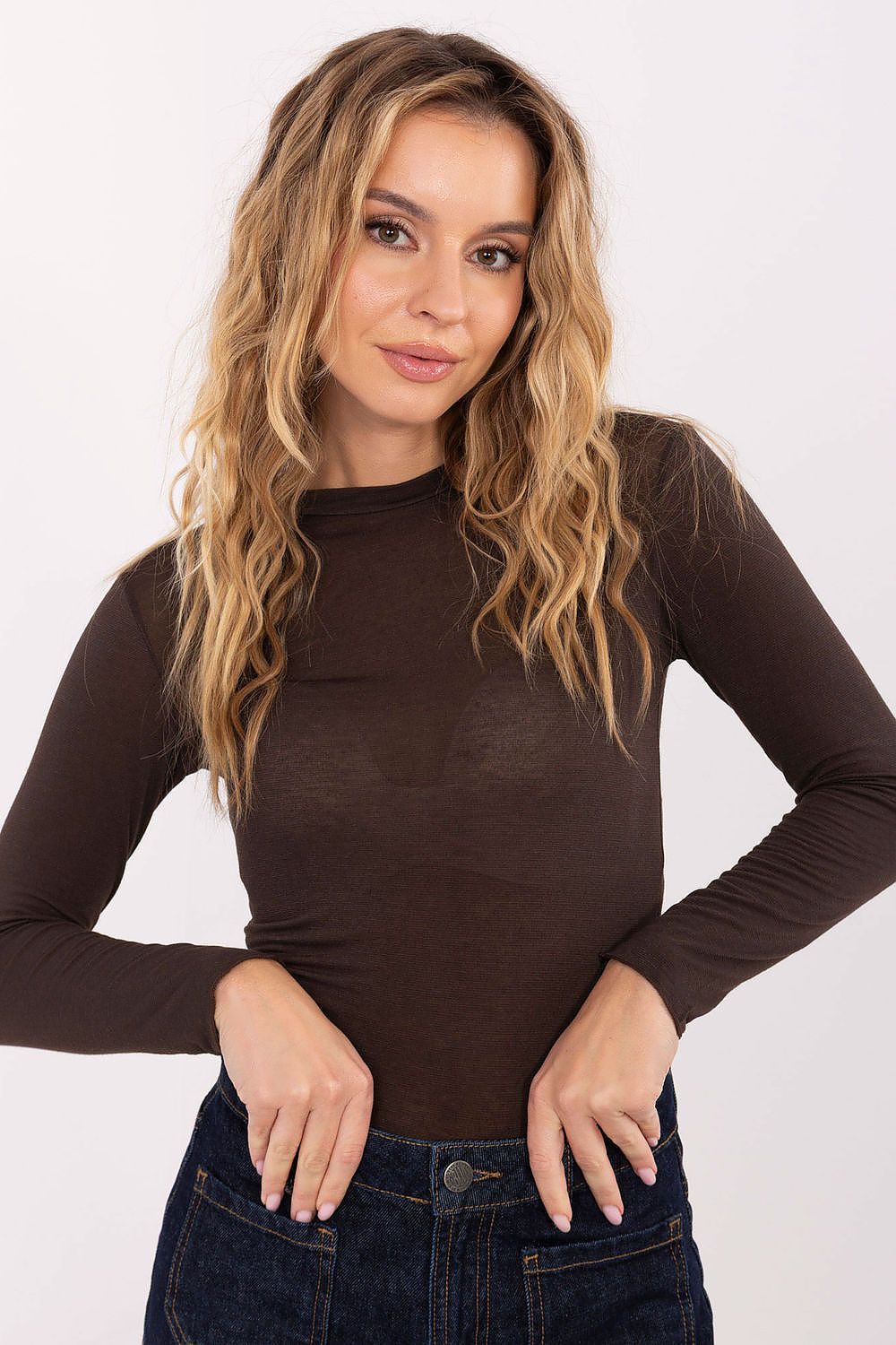 Long-sleeve turtleneck blouse in dark brown, close fit with high neck