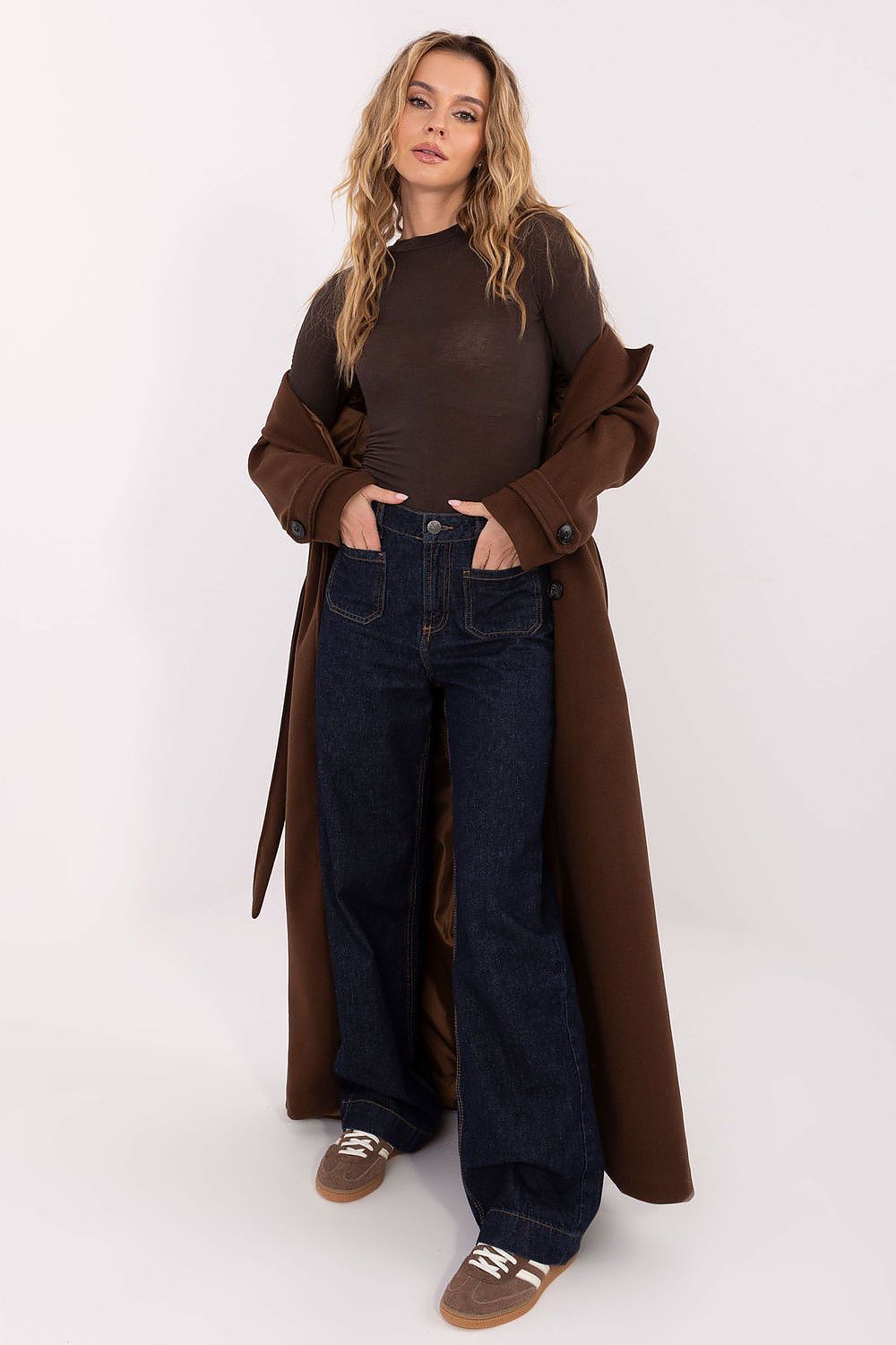 Long-sleeve turtleneck blouse in dark brown, fitted with high neck