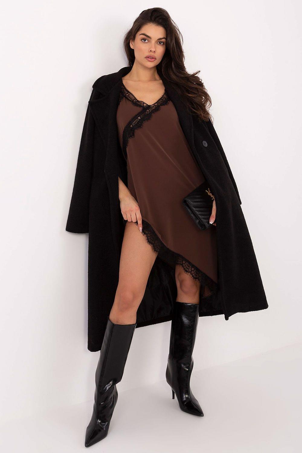 Brown asymmetrical slip dress with black lace trim and V-neck