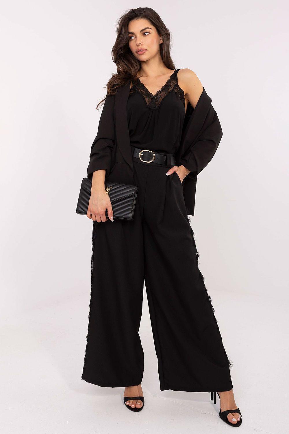 Black wide-leg trousers with waist belt
