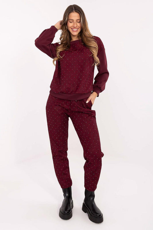 Speckled two-piece loungewear set: pullover hoodie and jogger pants, burgundy.