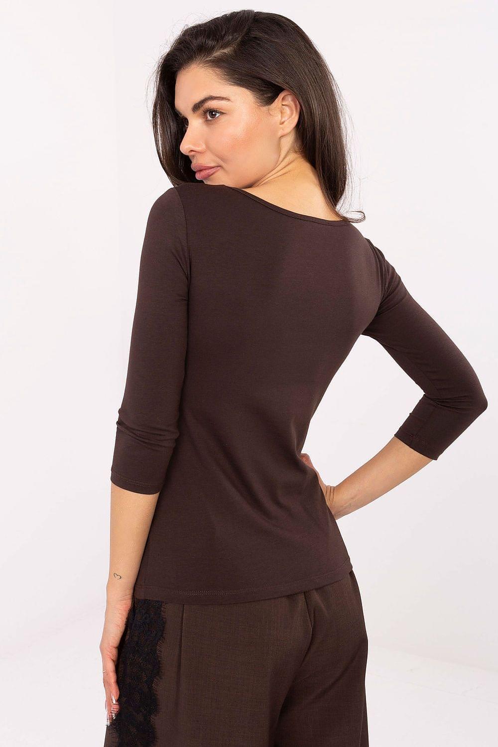 Brown long sleeve blouse, back view with waist belt
