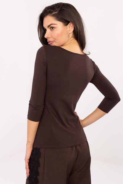 Brown long sleeve blouse, back view with waist belt