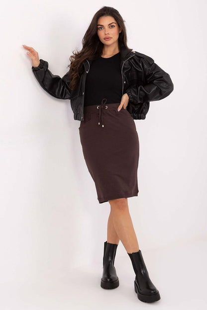 Brown sweatshirt skirt with elastic waist and drawstring tie