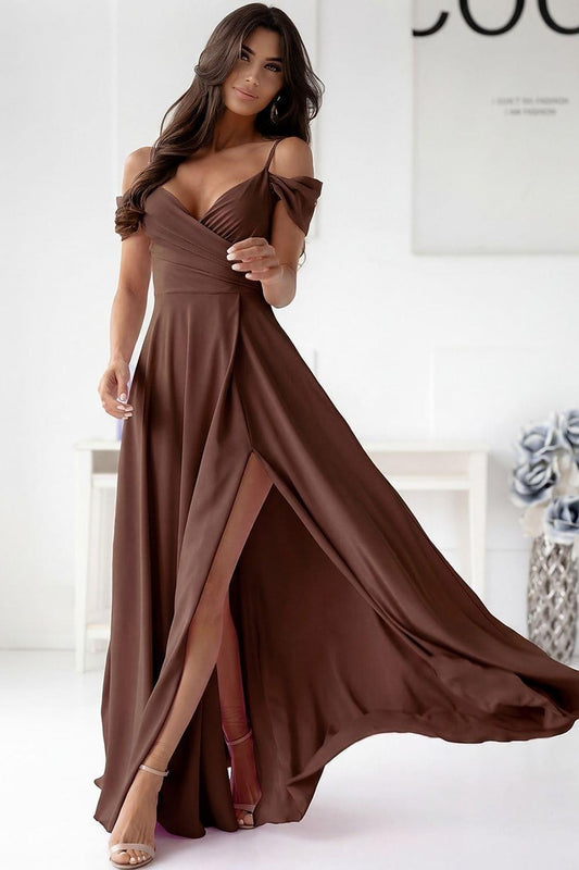 Brown long evening dress with V neckline, draped bodice, and side slit